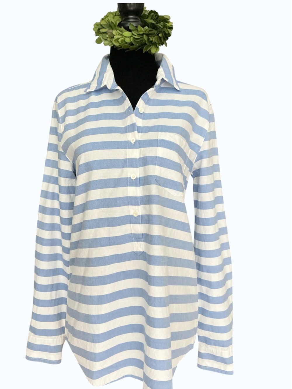 J Crew Striped Pop Over Camp Shirt Blue White Cotton NWOT SZ 4